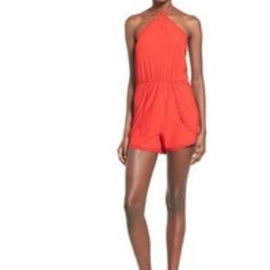LEITH Red Lace Trim Halter Romper XS